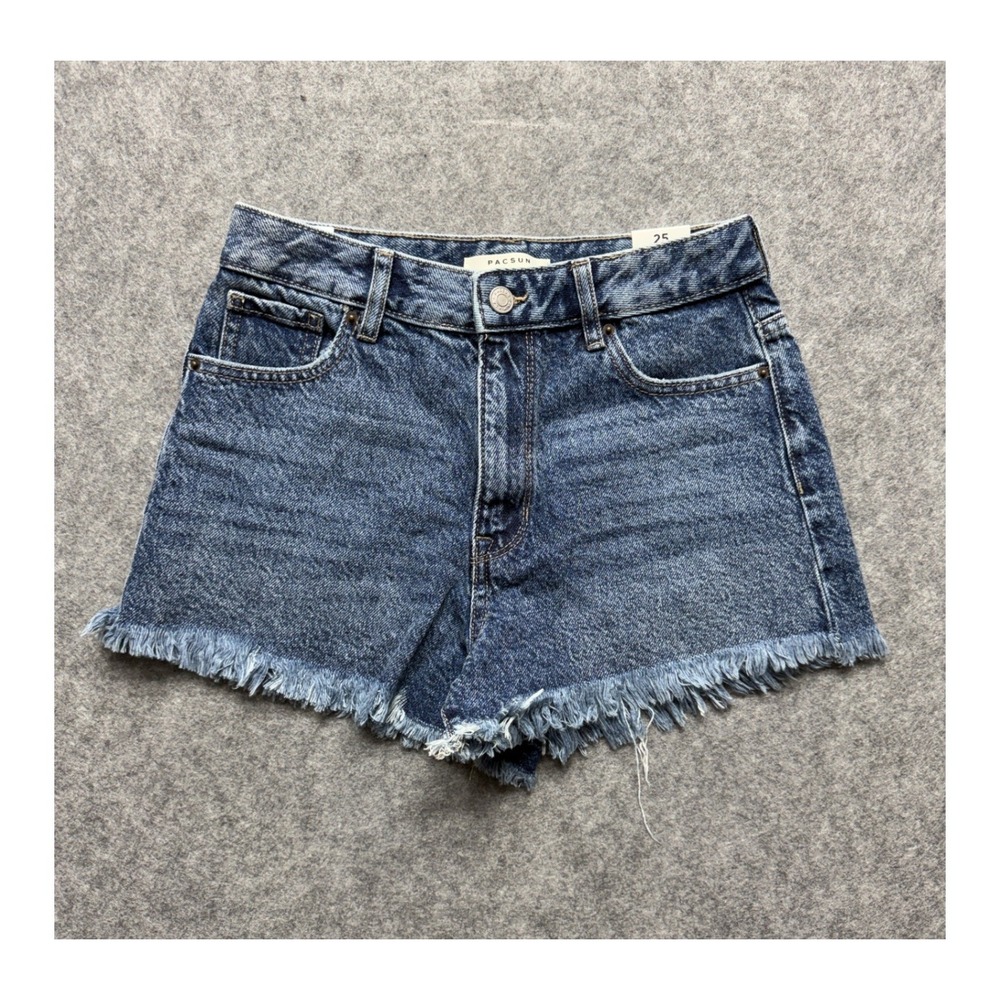 PacSun High Rise Festival Denim Shorts Size 25 Blue Frayed Hem Cotton NEW